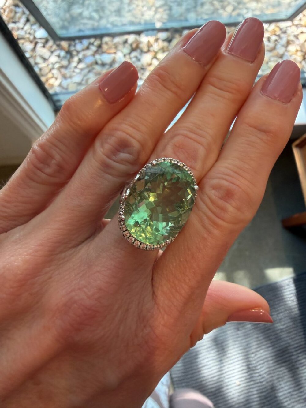 WOW Massive Green Fluorite & White Zircon Sterling Silver Ring - 6